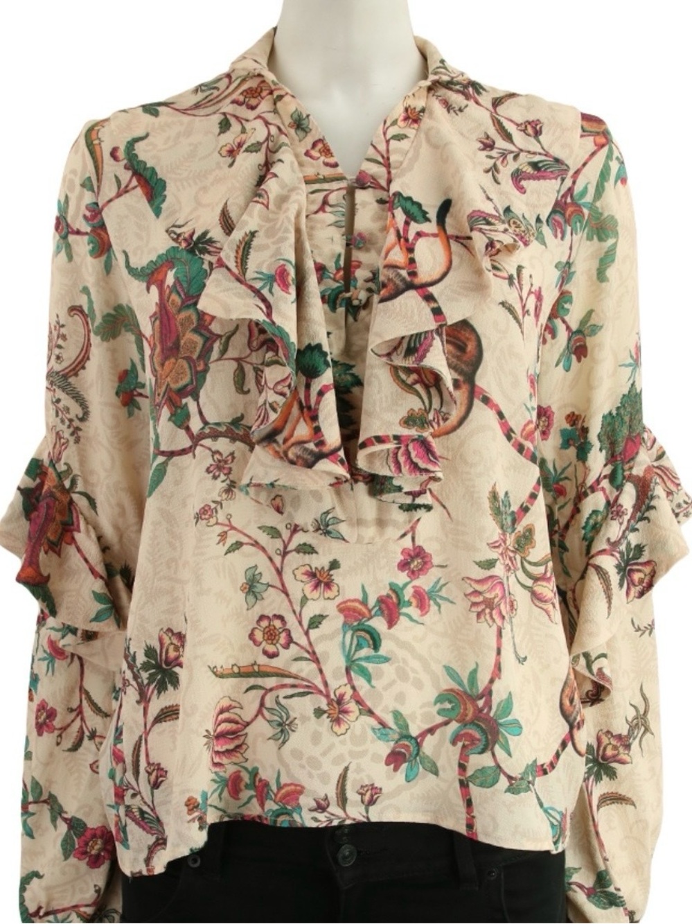 PatBO Tropical Monkey Print Blouse Top 10 Floral Ruffle Professional